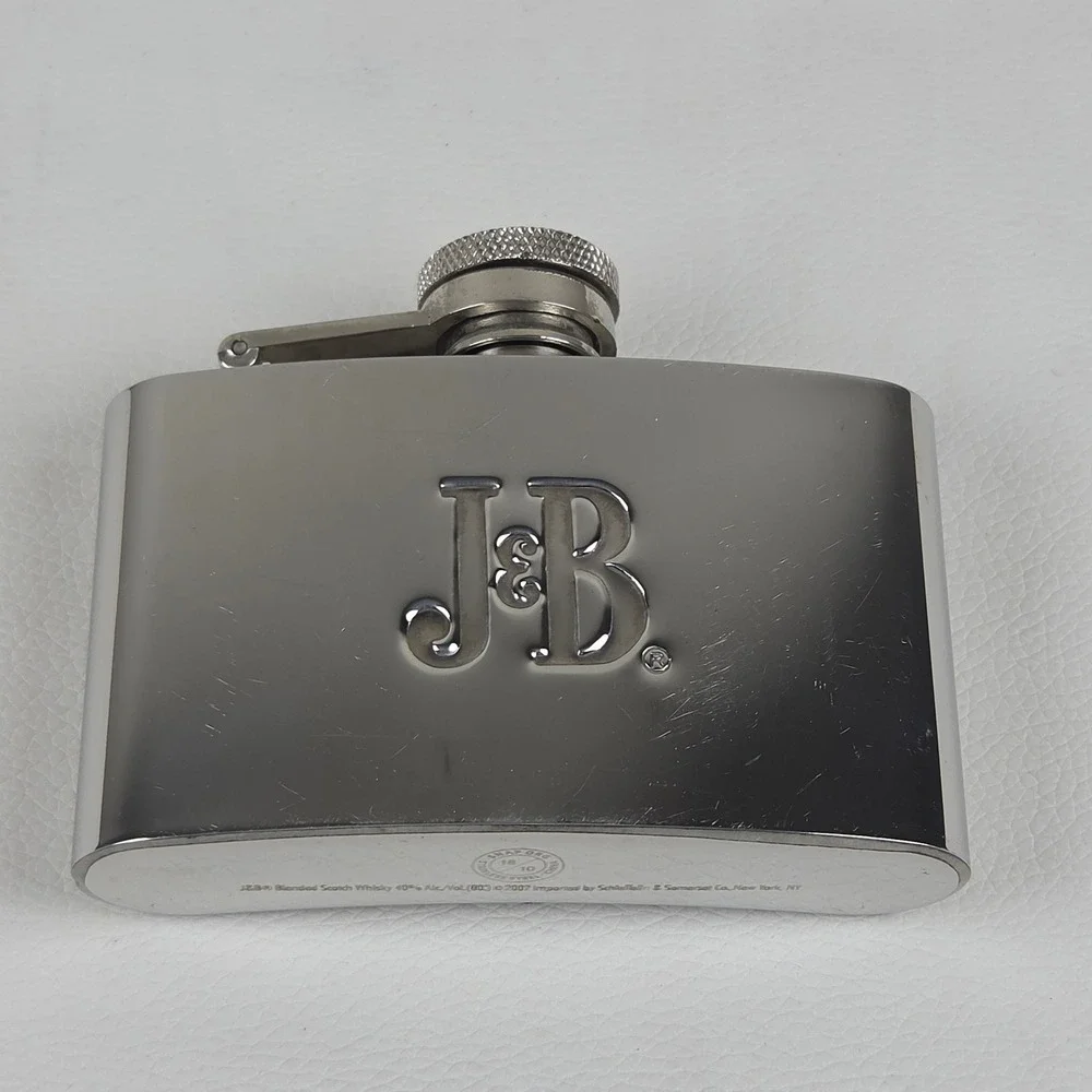 Vintage 2002 J&B Scotch Whisky Hip Flask Silver Stainless Steel w/ Recipes 2002